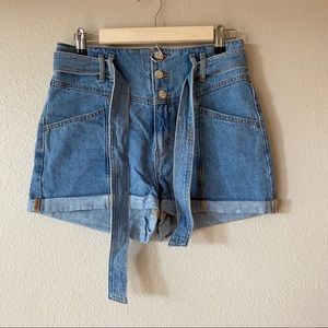paper bag tie front jean shorts